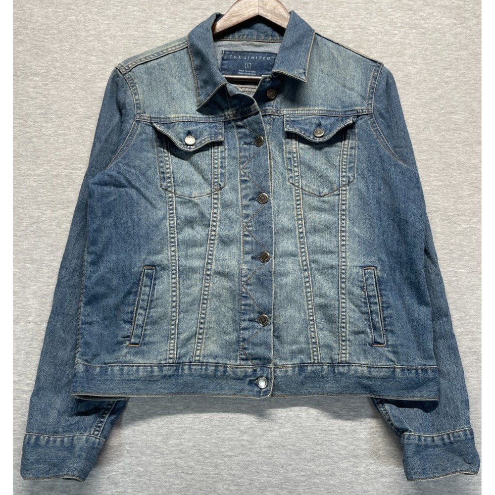 The Limited Trucker Jacket Womens L Blue Denim Flap Pockets Preppy Button Front